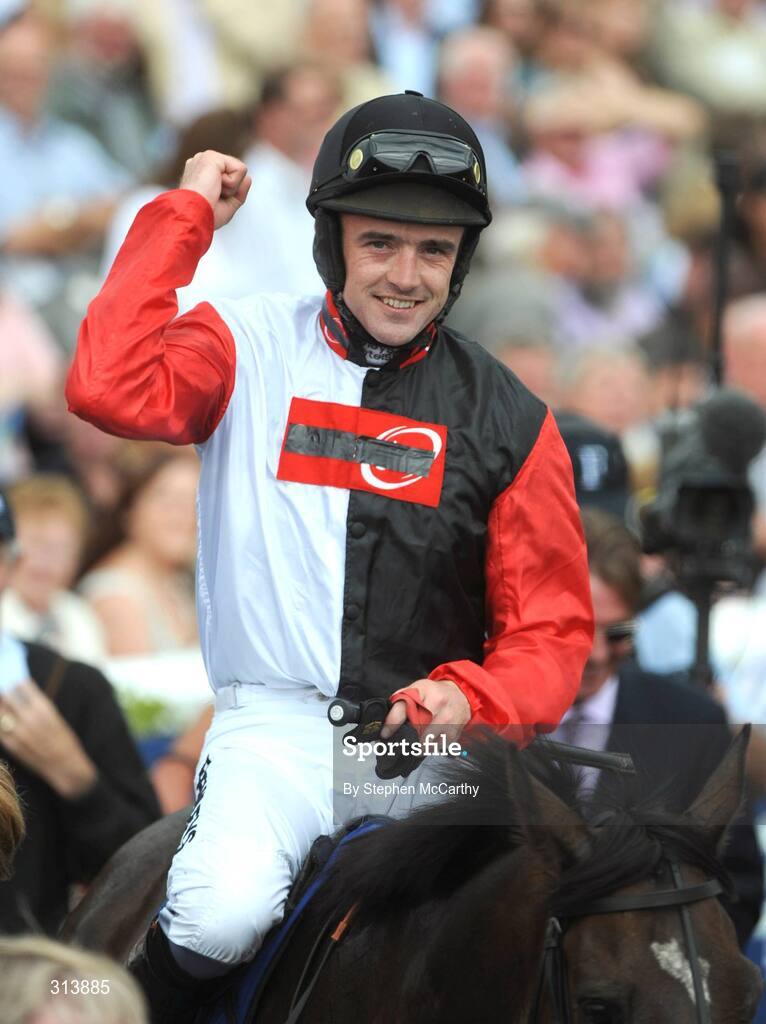 30 July 2008; Jockey Ruby Walsh celebrates as he enters the parade ring after winning the William Hill Galway Plate on Oslot. Galway Racing Festival, Ballybrit, Galway. Picture credit: Stephen McCarthy / SPORTSFILE