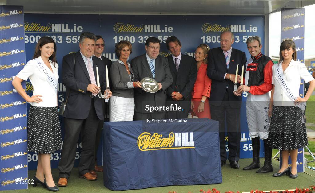 30 July 2008; An Taoiseach Brian Cowen T.D, presents the owners of Oslot, the Stewart Family, with the William Hill Galway Plate, also included are trainer Paul Nicholls, left, and jockey Ruby Walsh. Galway Racing Festival, Ballybrit, Galway. Picture credit: Stephen McCarthy / SPORTSFILE