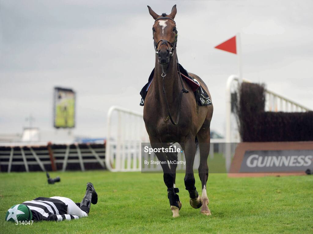 31 July 2008; Jockey Stephen Carey lies motionless as his mount Captain Lyford gallops off after being unseated during the Guinness Beginners Chase. Galway Racing Festival, Ballybrit, Co. Galway. Picture credit: Stephen McCarthy / SPORTSFILE