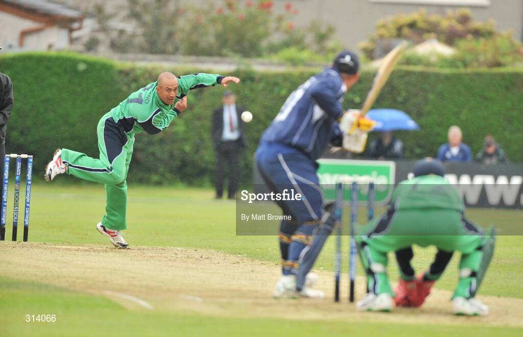31 July 2008; Andre Botha, Ireland, bowels to Scotland captain Ryan Watson watched by wicketkeeper Niall O'Brien. Ireland v Scotland, One Day International, Clontarf Cricket Club, Dublin. Picture credit: Matt Browne / SPORTSFILE