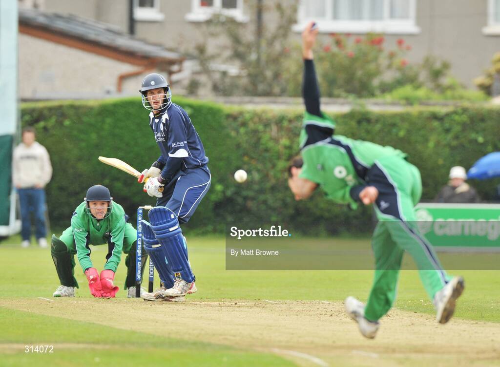 31 July 2008; Colin Smith, Scotland, plays the bowel from Alex Cusack, Ireland as wicketkeeper Niall O'Brien watches the ball. Ireland v Scotland, One Day International, Clontarf Cricket Club, Dublin. Picture credit: Matt Browne / SPORTSFILE