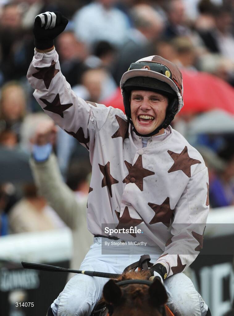 31 July 2008; Jockey Paul Townend celebrates after winning the Guinness Galway Hurdle Handicap onboard Indian Pace. Galway Racing Festival - Thursday, Ballybrit, Co. Galway. Picture credit: Stephen McCarthy / SPORTSFILE