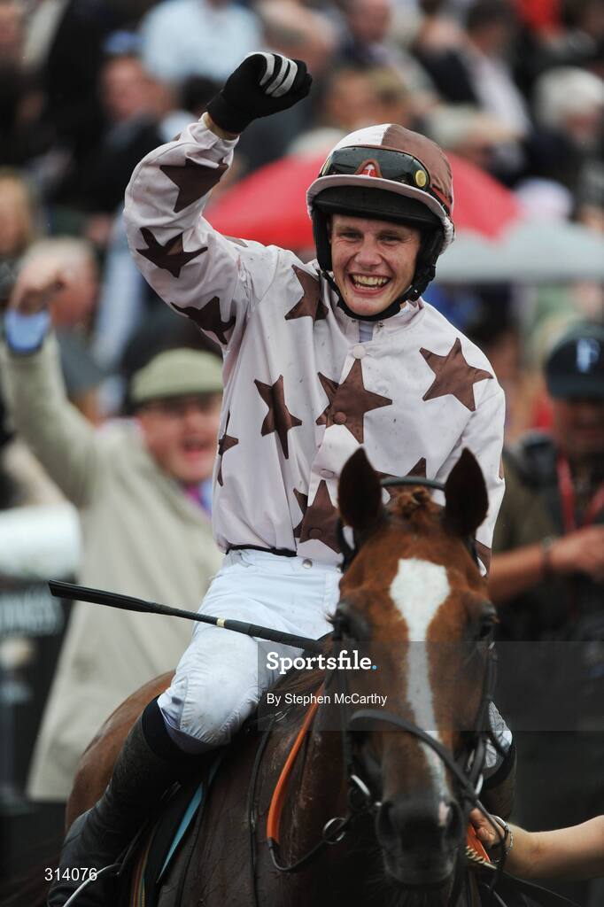 31 July 2008; Jockey Paul Townend celebrates after winning the Guinness Galway Hurdle Handicap onboard Indian Pace. Galway Racing Festival - Thursday, Ballybrit, Co. Galway. Picture credit: Stephen McCarthy / SPORTSFILE