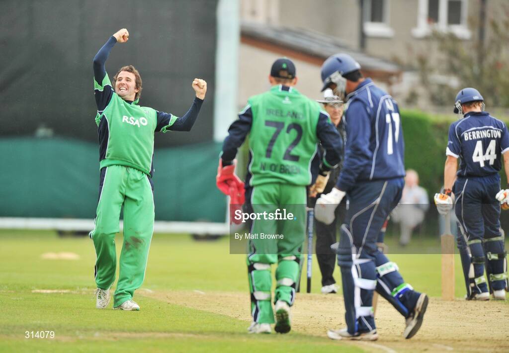 31 July 2008; Kyle McCallan, Ireland, celebrates taking the wicket of Majid Haq, Scotland. Ireland v Scotland, One Day International, Clontarf Cricket Club, Dublin. Picture credit: Matt Browne / SPORTSFILE