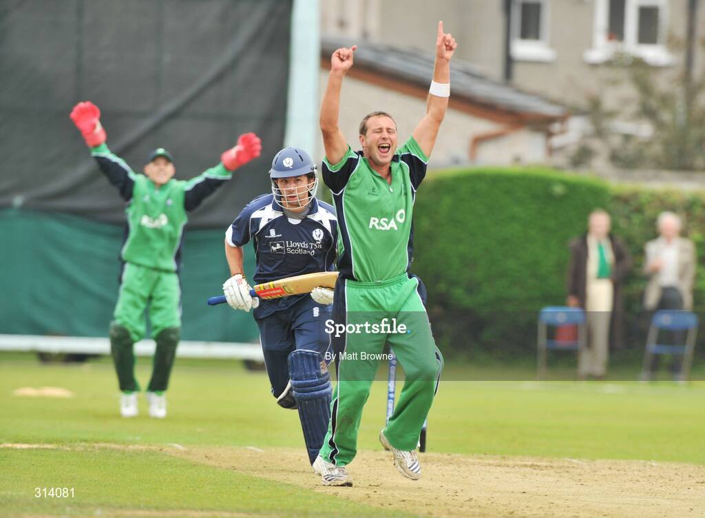 31 July 2008; Peter Connell, Ireland, celebrates taking the wicket of Fraser Watts, Scotland. Ireland v Scotland, One Day International, Clontarf Cricket Club, Dublin. Picture credit: Matt Browne / SPORTSFILE
