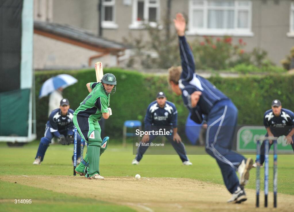 31 July 2008; William Porterfield, Ireland, in action against the bowling of Dewald Nel, Scotland. Ireland v Scotland, One Day International, Clontarf Cricket Club, Dublin. Picture credit: Matt Browne / SPORTSFILE