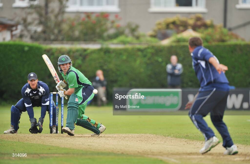 31 July 2008; Gary Wilson, Ireland, plays the bowel of Ryan Watson, Scotland. Ireland v Scotland, One Day International, Clontarf Cricket Club, Dublin. Picture credit: Matt Browne / SPORTSFILE