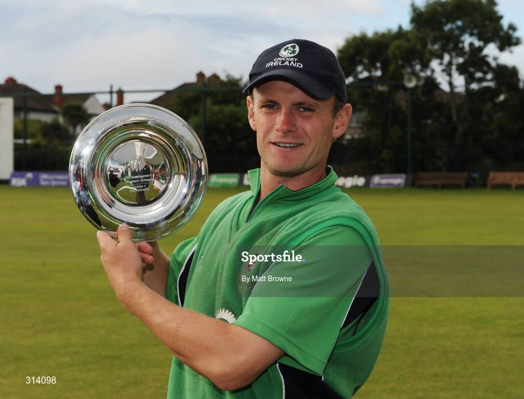 31 July 2008; Ireland captain William Porterfield with the European Division 1 Championship Trophy. Ireland v Scotland, One Day International, Clontarf Cricket Club, Dublin. Picture credit: Matt Browne / SPORTSFILE