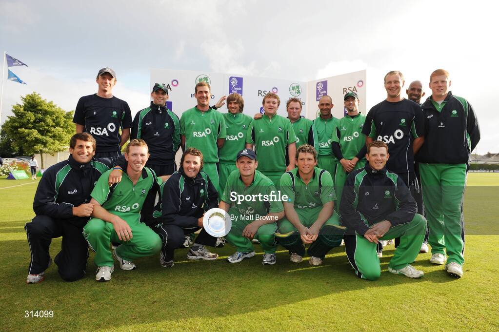 31 July 2008; Ireland captain William Porterfield with the European Division 1 Championship Trophy and his team-mates after their win against Scotland. Ireland v Scotland, One Day International, Clontarf Cricket Club, Dublin. Picture credit: Matt Browne / SPORTSFILE
