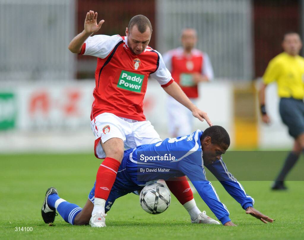 31 July 2008; Mark Quigley, St Patrick's Athletic, in action against Nathan Soares C. Junior, JFK Olimps. UEFA Cup First Qualifying Round, 2nd Leg, St Patrick's Athletic v JFK Olimps, Richmond Park, Dublin. Picture credit: David Maher / SPORTSFILE