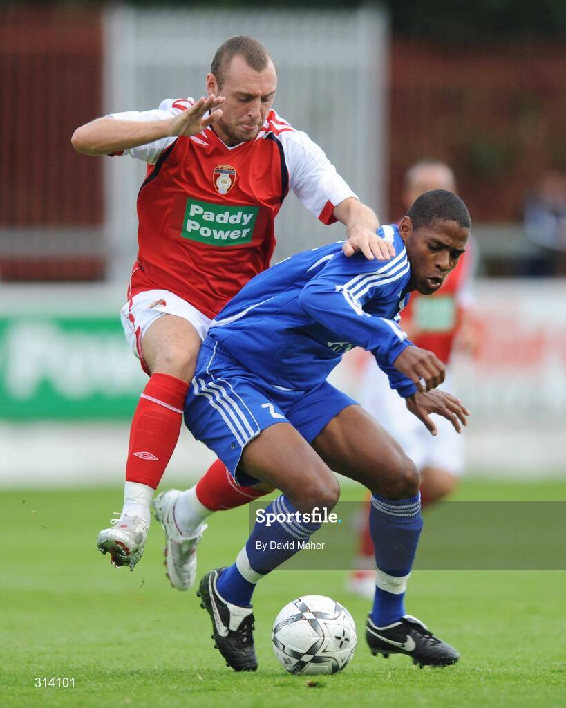 31 July 2008; Mark Quigley, St Patrick's Athletic, in action against Nathan Soares C. Junior, JFK Olimps. UEFA Cup First Qualifying Round, 2nd Leg, St Patrick's Athletic v JFK Olimps, Richmond Park, Dublin. Picture credit: David Maher / SPORTSFILE