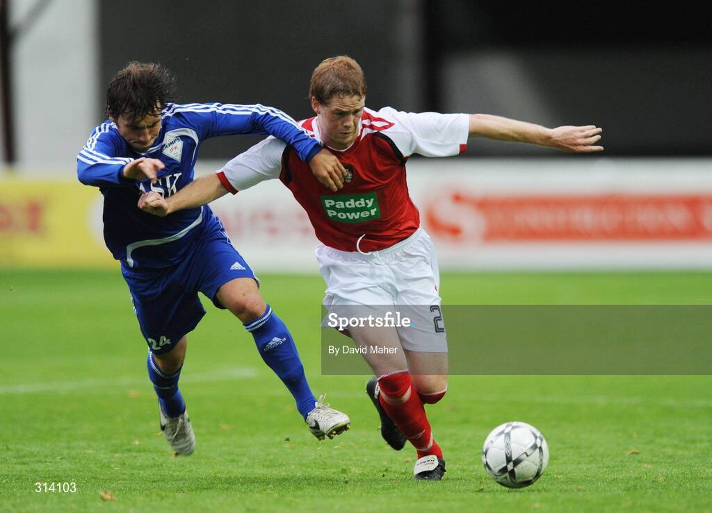 31 July 2008; Stephen Paisley , St Patrick's Athletic, in action against Aleksandrs Perepechko, JFK Olimps. UEFA Cup First Qualifying Round, 2nd Leg, St Patrick's Athletic v JFK Olimps, Richmond Park, Dublin. Picture credit: David Maher / SPORTSFILE