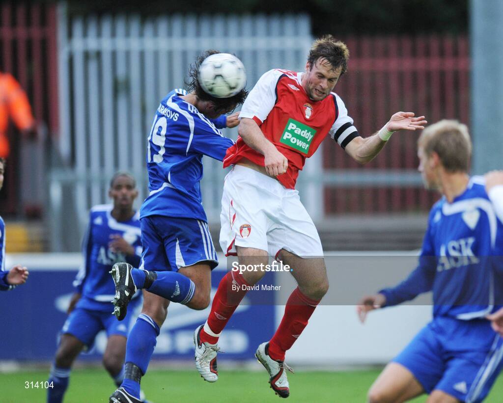 31 July 2008; Jamie Harris, St Patrick's Athletic, beats Igors Tarasovs, JFK Olimps to score his side's first goal. UEFA Cup First Qualifying Round, 2nd Leg, St Patrick's Athletic v JFK Olimps, Richmond Park, Dublin. Picture credit: David Maher / SPORTSFILE