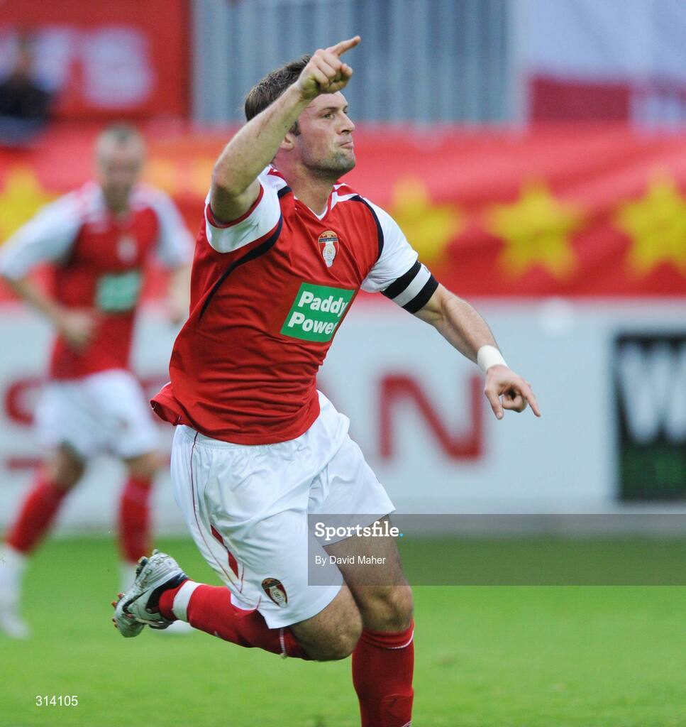 31 July 2008; Jamie Harris, St Patrick's Athletic, celebrates after scoring his side's first goal. UEFA Cup First Qualifying Round, 2nd Leg, St Patrick's Athletic v JFK Olimps, Richmond Park, Dublin. Picture credit: David Maher / SPORTSFILE