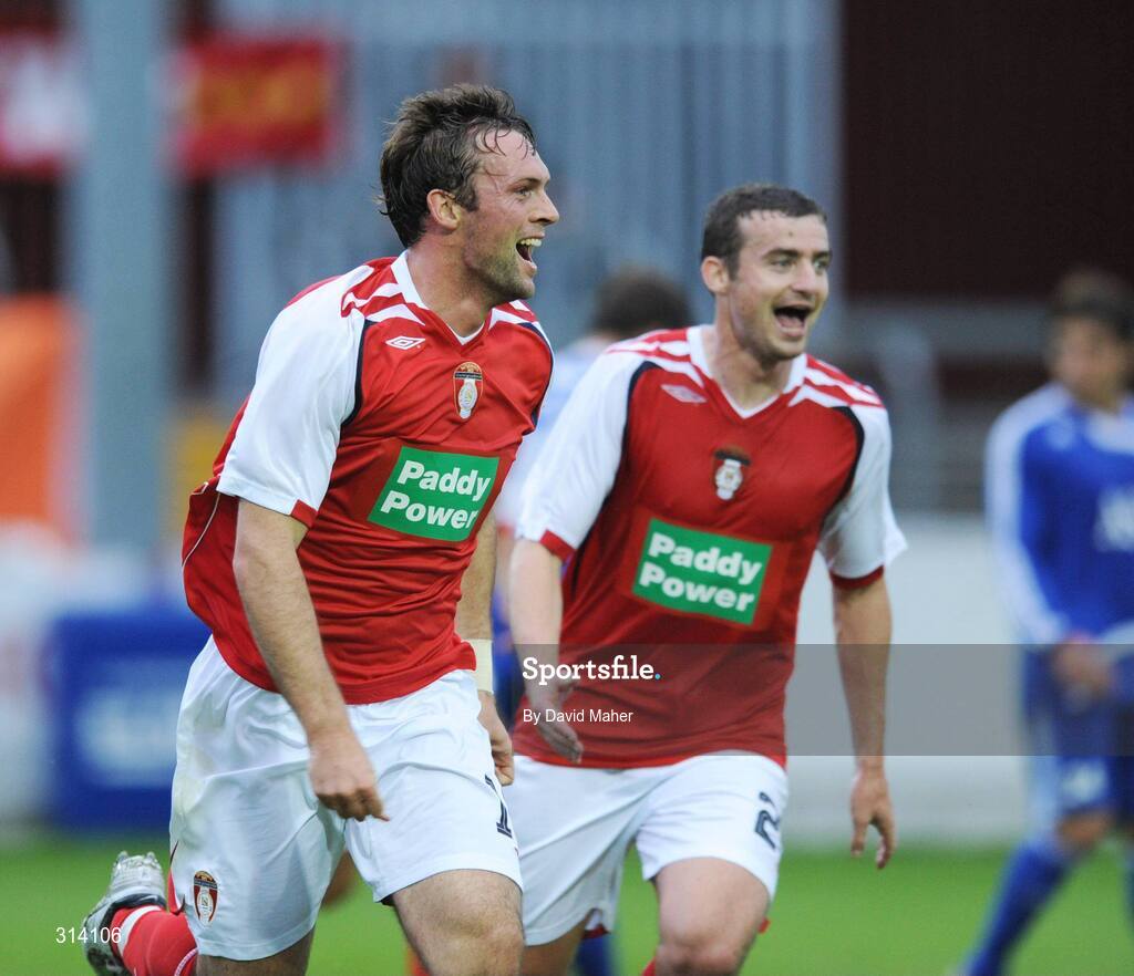 31 July 2008; Jamie Harris, St Patrick's Athletic, left, celebrates after scoring his side's first goal with team-mate Derek O'Brien. UEFA Cup First Qualifying Round, 2nd Leg, St Patrick's Athletic v JFK Olimps, Richmond Park, Dublin. Picture credit: David Maher / SPORTSFILE
