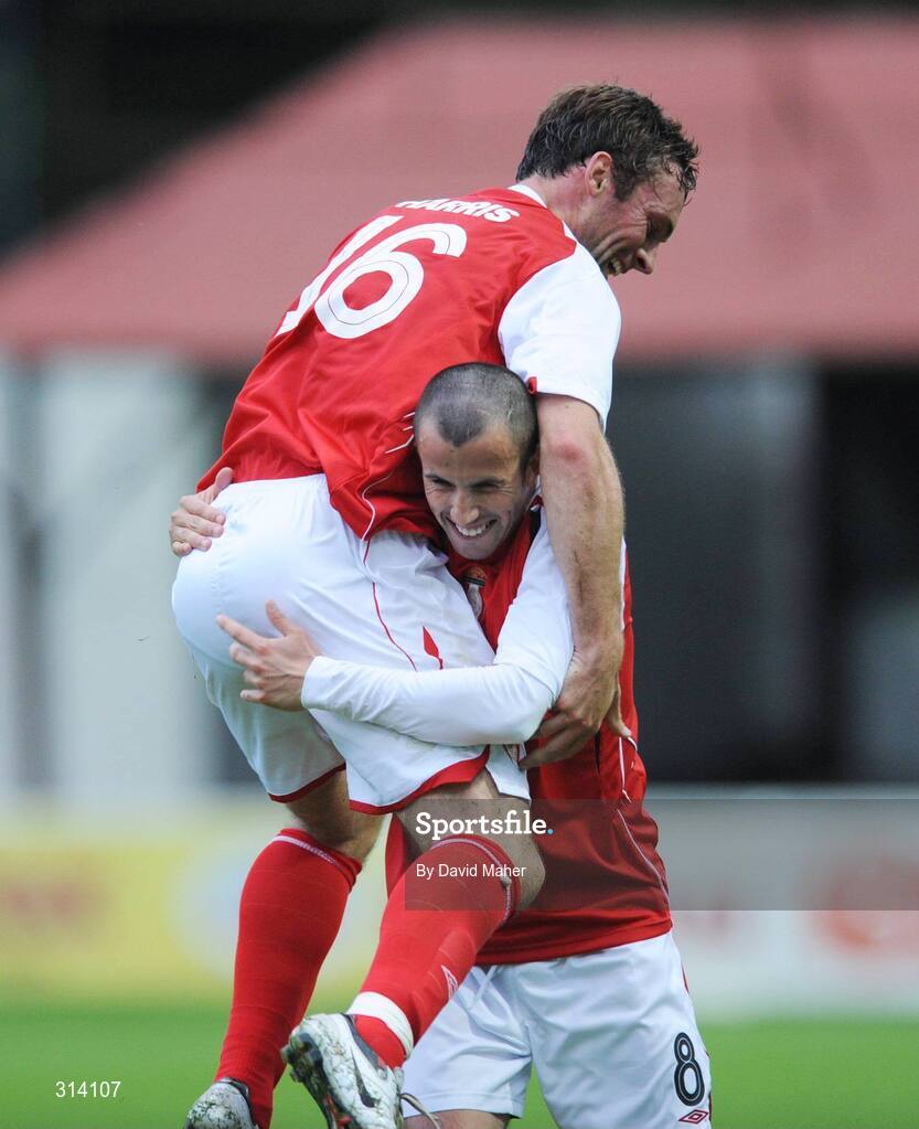 31 July 2008; Jamie Harris, St Patrick's Athletic, no.16, celebrates after scoring his side's first goal with team-mate Keith Fahy. UEFA Cup First Qualifying Round, 2nd Leg, St Patrick's Athletic v JFK Olimps, Richmond Park, Dublin. Picture credit: David Maher / SPORTSFILE