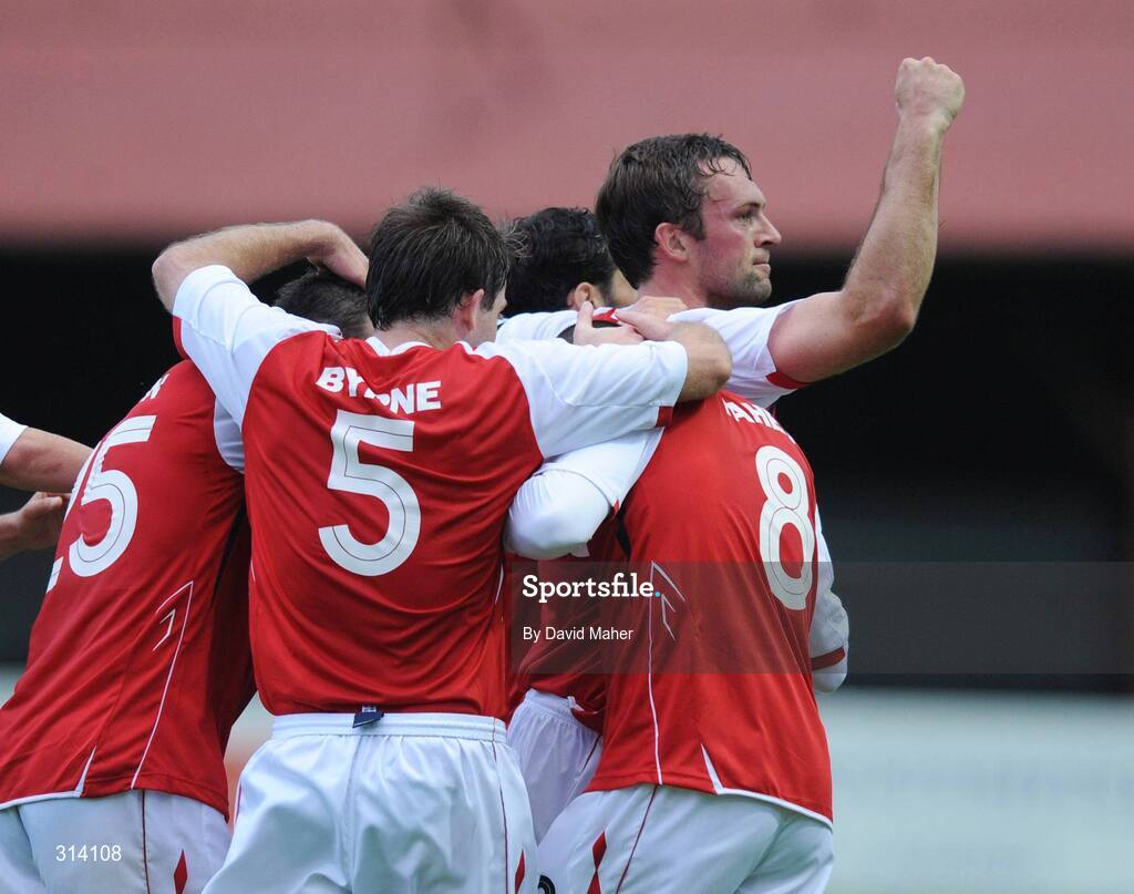 31 July 2008; Jamie Harris, St Patrick's Athletic, far right, celebrates with team-mates after scoring his side's first goal. UEFA Cup First Qualifying Round, 2nd Leg, St Patrick's Athletic v JFK Olimps, Richmond Park, Dublin. Picture credit: David Maher / SPORTSFILE