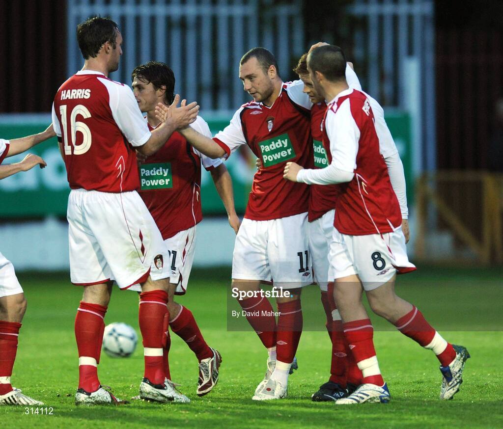 31 July 2008; Mark Quigley, St Patrick's Athletic, third from right, celebrate with team-mates after scoring his side's second goal. UEFA Cup First Qualifying Round, 2nd Leg, St Patrick's Athletic v JFK Olimps, Richmond Park, Dublin. Picture credit: David Maher / SPORTSFILE