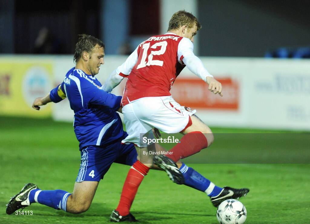 31 July 2008; Glen Fitzpatrick, St Patrick's Athletic, in action against Jeugenijs Kazura, JFK Olimps. UEFA Cup First Qualifying Round, 2nd Leg, St Patrick's Athletic v JFK Olimps, Richmond Park, Dublin. Picture credit: David Maher / SPORTSFILE