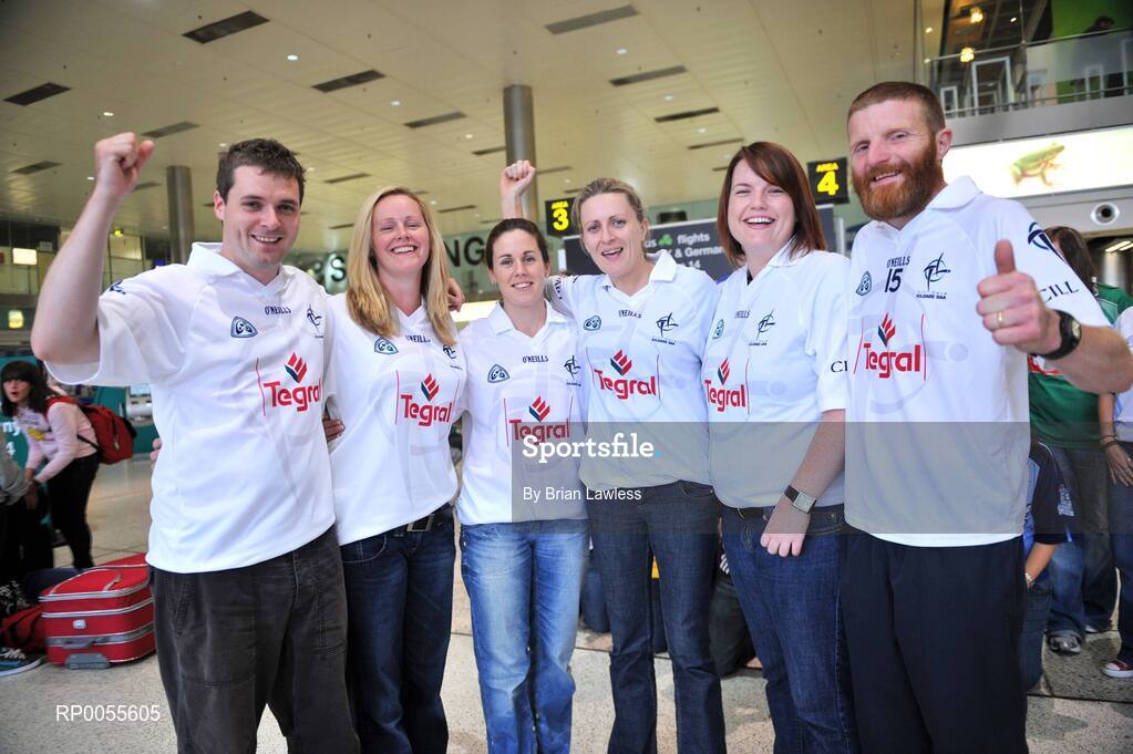 25 July 2008; Kildare natives, from left, Jonathan Tallon, from Kilmeade, Maria McCabe, from Athy, Paula Earley, from Newbridge, Ciara Tallon, from Kilmeade, Nicola Conlon, from Maynooth, and Ray Lenehan, from Naas, at Dublin Airport before travelling to New York to take part in the New York City Half Marathon. Team NY32, which is made up of representatives from counties all over Ireland are on their way to the New York City Half Marathon to help raise funds for Special Olympics Ireland to recruit more athletes into the programme around the country. Dublin Airport, Dublin. Picture credit: Brian Lawless / SPORTSFILE
