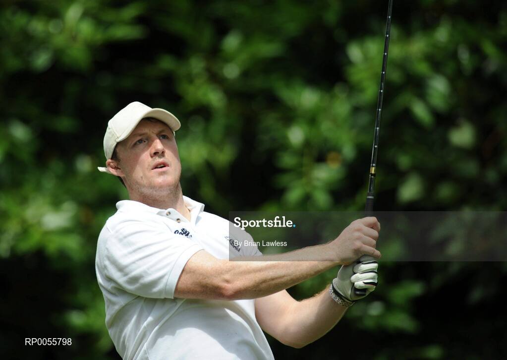 29 July 2008; Eric Miller watches his tee shot from the 1st tee box during the BT IRUPA Rugby Players Golf Classic. Elm Park Golf Club, Dublin. Picture credit: Brian Lawless / SPORTSFILE