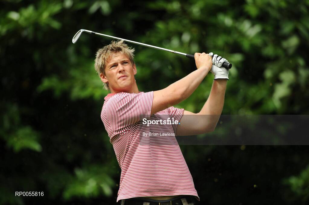 29 July 2008; Niall O'Connor watches his tee shot from the first tee box during the BT IRUPA Rugby Players Golf Classic. Elm Park Golf Club, Dublin. Picture credit: Brian Lawless / SPORTSFILE