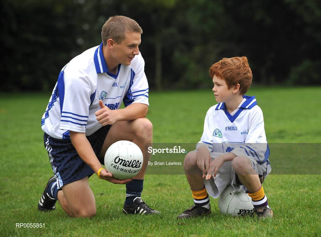 31 July 2008; The 9th annual MBNA Kick Fada competition was launched at Herbert Park, over 20 Inter-County Gaelic Football stars are set to compete for the prestigious All-Ireland title at the 2008 MBNA Kick Fada Final, which takes place on Saturday 13th at Bray Emmets GAA Club. Reigning champion John Brennan, from Carlow, will be back to defend his title after winning with a kick of 67 metres. At the launch is Dublin master free taker Tomas Quinn with Jack Gallagher, Kilmacud Crokes GAA club. Herbert Park Hotel, Ballsbridge, Dublin Picture credit: Brian Lawless / SPORTSFILE