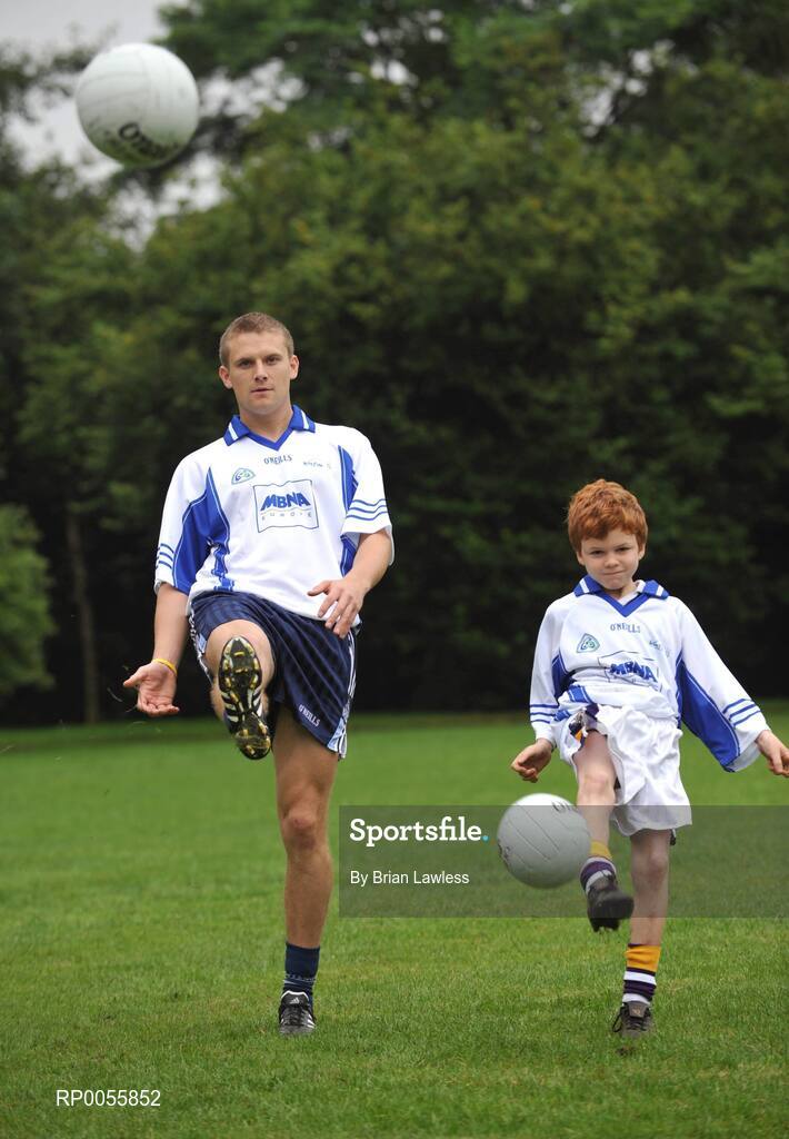 31 July 2008; The 9th annual MBNA Kick Fada competition was launched at Herbert Park, over 20 Inter-County Gaelic Football stars are set to compete for the prestigious All-Ireland title at the 2008 MBNA Kick Fada Final, which takes place on Saturday 13th at Bray Emmets GAA Club. Reigning champion John Brennan, from Carlow, will be back to defend his title after winning with a kick of 67 metres. At the launch is Dublin master free taker Tomas Quinn with Jack Gallagher, Kilmacud Crokes GAA club. Herbert Park Hotel, Ballsbridge, Dublin Picture credit: Brian Lawless / SPORTSFILE