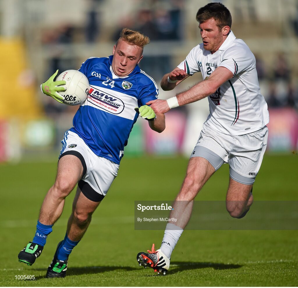 6 June 2015; Tom Shiel, Laois, in action against Ciaran Fitzpatrick, Kildare. Leinster GAA Football Senior Championship Quarter-Final, Kildare v Laois. O'Connor Park, Tullamore, Co. Offaly. Picture credit: Stephen McCarthy / SPORTSFILE