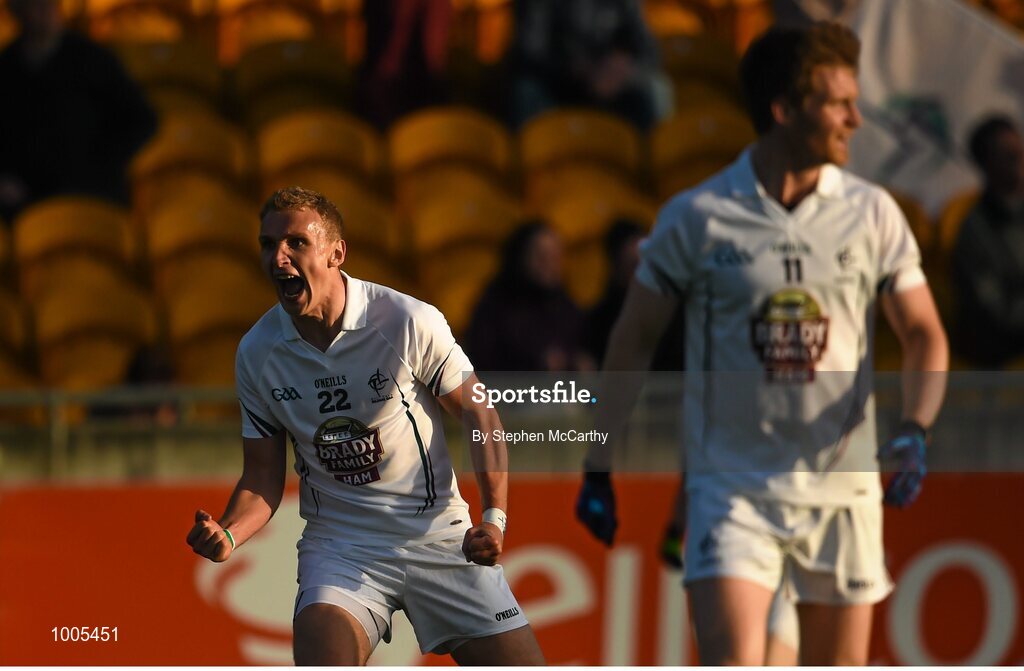 6 June 2015; Tommy Moolick, Kildare, celebrates after scoring his side's equalising point late in the game. Leinster GAA Football Senior Championship Quarter-Final, Kildare v Laois. O'Connor Park, Tullamore, Co. Offaly. Picture credit: Stephen McCarthy / SPORTSFILE