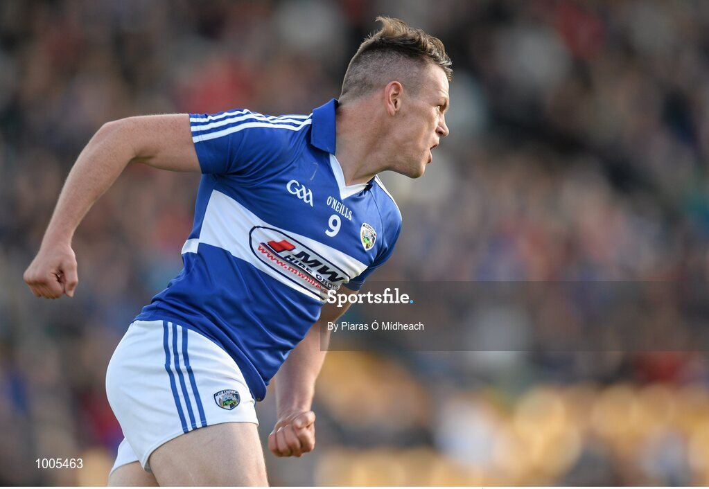 6 June 2015; John O'Loughlin, Laois, celebrates scoring a second half point. Leinster GAA Football Senior Championship Quarter-Final, Kildare v Laois. O'Connor Park, Tullamore, Co. Offaly. Picture credit: Piaras Ó Mídheach / SPORTSFILE