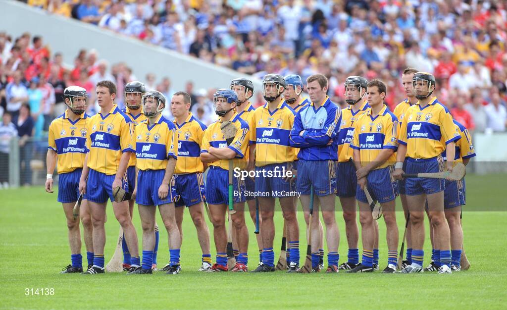 27 July 2008; The Clare players and managment stand for the National Anthem. GAA Hurling All-Ireland Senior Championship Quarter-Final, Clare v Cork, Semple Stadium, Thurles, Co. Tipperary. Picture credit: Stephen McCarthy / SPORTSFILE