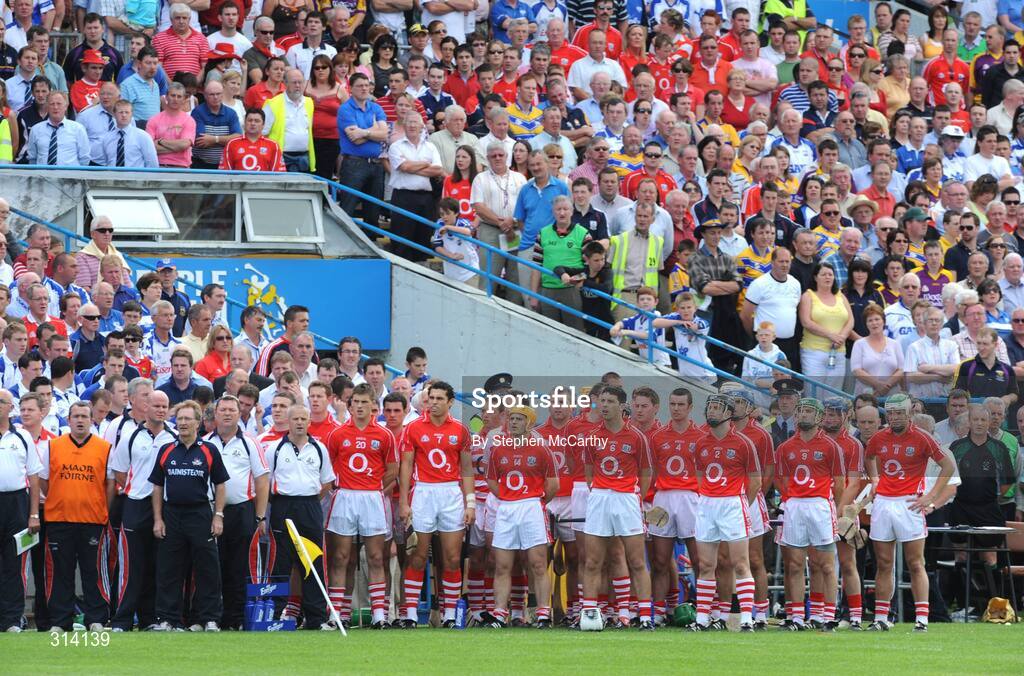 27 July 2008; The Cork players and managment stand for the National Anthem. GAA Hurling All-Ireland Senior Championship Quarter-Final, Clare v Cork, Semple Stadium, Thurles, Co. Tipperary. Picture credit: Stephen McCarthy / SPORTSFILE