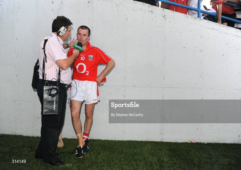 27 July 2008; Ben O'Connor, Cork, is interviewed after the game. GAA Hurling All-Ireland Senior Championship Quarter-Final, Clare v Cork, Semple Stadium, Thurles, Co. Tipperary. Picture credit: Stephen McCarthy / SPORTSFILE