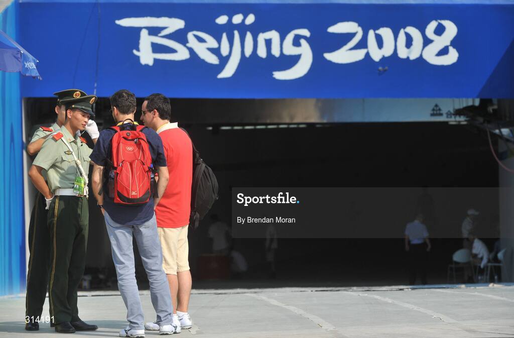 2 August 2008; Paramilitary policemen check ID's at the National Stadium as preparations continue ahead of the opening ceremony on Friday next, 8th of August. Beijing 2008 - Games of the XXIX Olympiad, Olympic Green, Beijing, China. Picture credit: Brendan Moran / SPORTSFILE