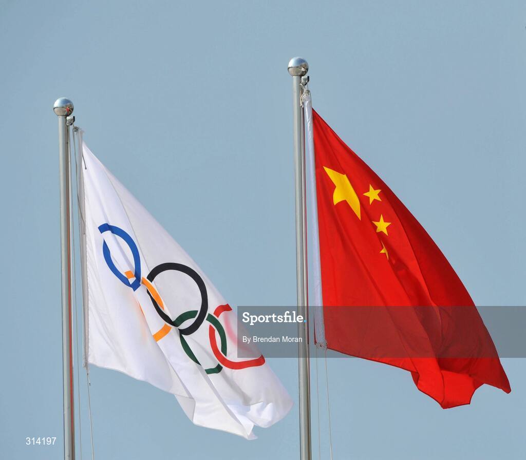 2 August 2008; The Olympic flag and the Chinese flag flutter in the wind at the National Stadium as preparations continue ahead of the opening ceremony on Friday next, 8th of August. Beijing 2008 - Games of the XXIX Olympiad, Olympic Green, Beijing, China. Picture credit: Brendan Moran / SPORTSFILE