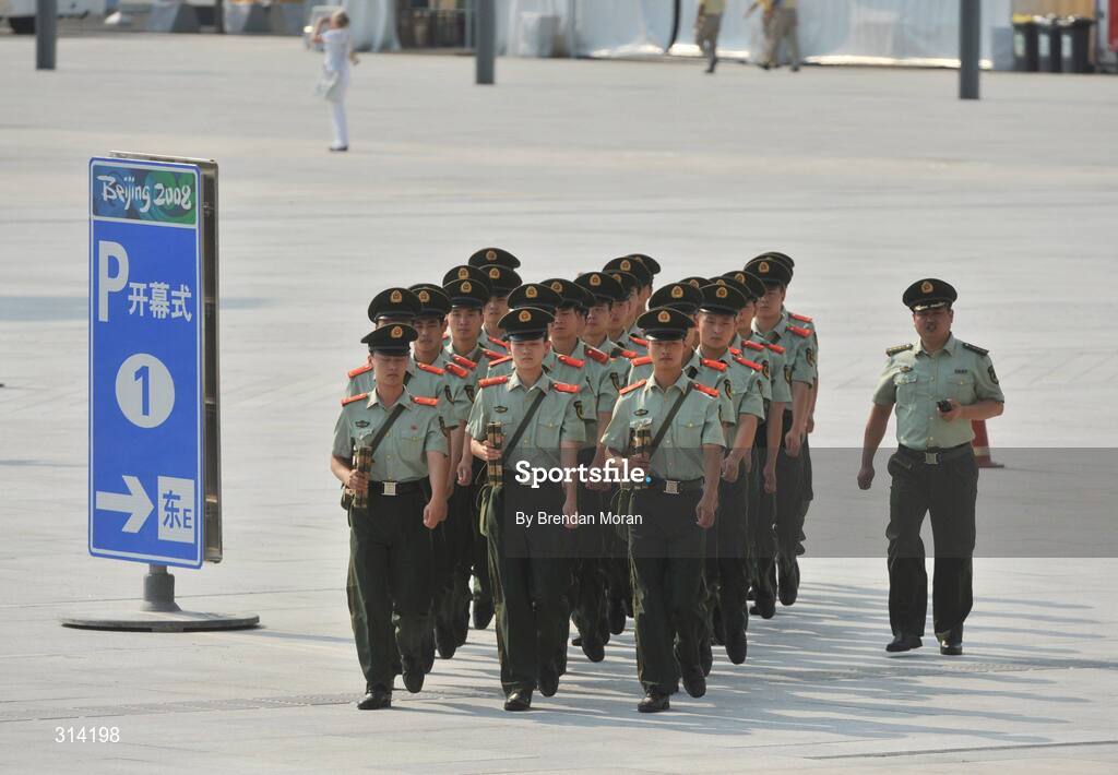 2 August 2008; Paramilitary policemen march to the National Stadium as preparations continue ahead of the opening ceremony on Friday next, 8th of August. Beijing 2008 - Games of the XXIX Olympiad, Olympic Green, Beijing, China. Picture credit: Brendan Moran / SPORTSFILE