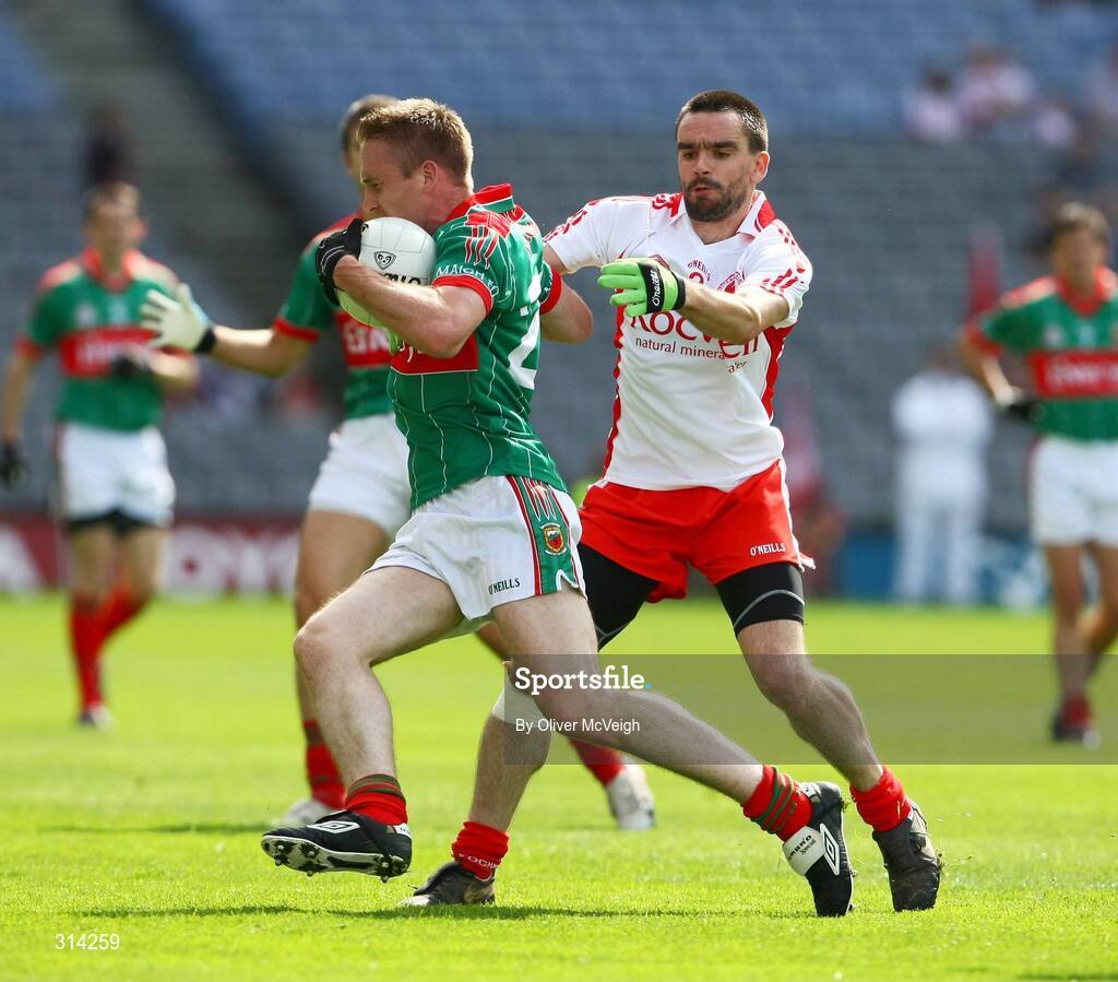 2 August 2008; David Heaney, Mayo, in action against Ryan McMenamin, Tyrone. All-Ireland Senior Football Championship Qualifier, Round 3, Tyrone v Mayo, Croke Park, Dublin. Picture credit: Oliver McVeigh / SPORTSFILE