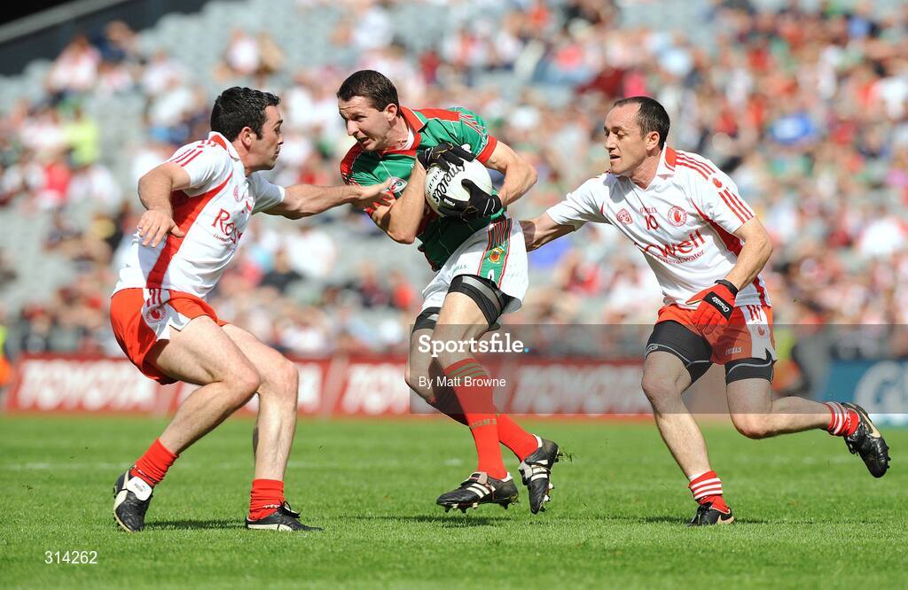 2 August 2008; Peadar Gardiner, Mayo, in action against Ryan Mellon,left, and Brian Dooher, Tyrone. All-Ireland Senior Football Championship Qualifier, Round 3, Tyrone v Mayo, Croke Park, Dublin. Picture credit: Matt Browne / SPORTSFILE