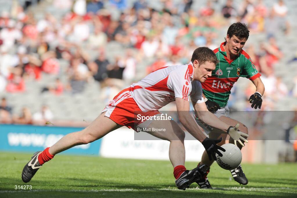 2 August 2008; Enda McGinley, Tyrone, in action against Aidan Higgins, Mayo. All-Ireland Senior Football Championship Qualifier, Round 3, Tyrone v Mayo, Croke Park, Dublin. Picture credit: Matt Browne / SPORTSFILE