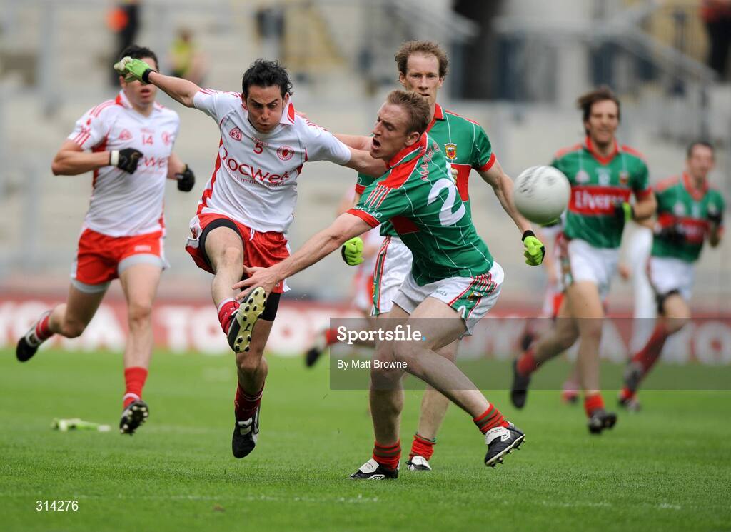 2 August 2008; Davy Harte, Tyrone, in action against David Heaney, Mayo. All-Ireland Senior Football Championship Qualifier, Round 3, Tyrone v Mayo, Croke Park, Dublin. Picture credit: Matt Browne / SPORTSFILE