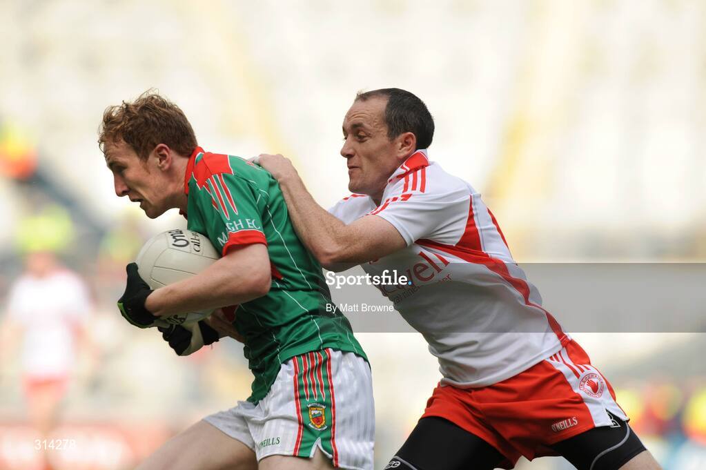 2 August 2008; Tom Cunniffe, Mayo, in action against Brian Dooher, Tyrone. All-Ireland Senior Football Championship Qualifier, Round 3, Tyrone v Mayo, Croke Park, Dublin. Picture credit: Matt Browne / SPORTSFILE