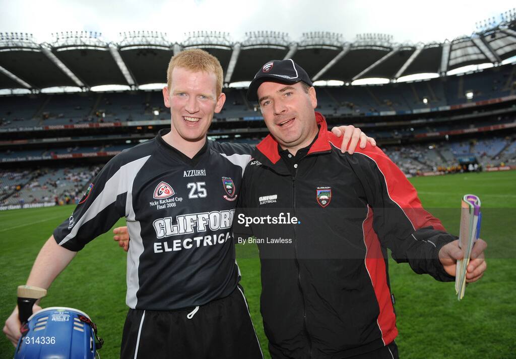 3 August 2008; Sligo manager Michael Galvin celebrates with Shane Kerins after the match. Nicky Rackard Cup Final, Louth v Sligo, Croke Park, Dublin. Picture credit: Brian Lawless / SPORTSFILE