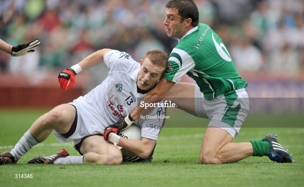 3 August 2008; Alan Smyth, Kildare, in action against Ryan McCloskey, Fermanagh. All-Ireland Senior Football Championship Qualifier, Round 3, Fermanagh v Kildare, Croke Park, Dublin. Picture credit: David Maher / SPORTSFILE