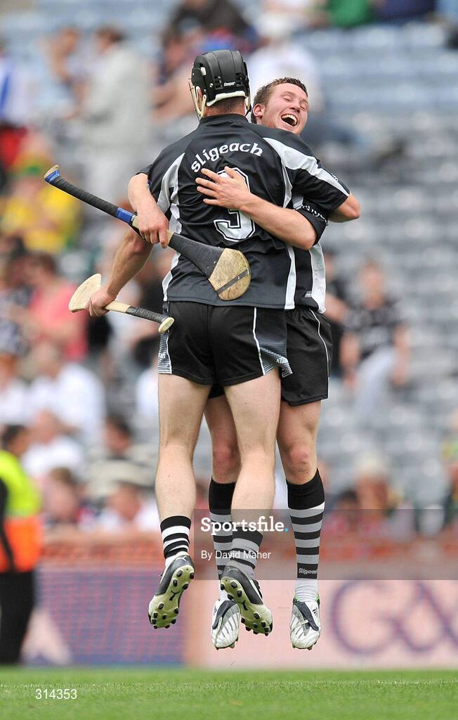 3 August 2008; Sligo players Walter Gill, no. 3, and Dermot Clarke celebrate at the end of the game. Nicky Rackard Cup Final, Louth v Sligo, Croke Park, Dublin. Picture credit: David Maher / SPORTSFILE