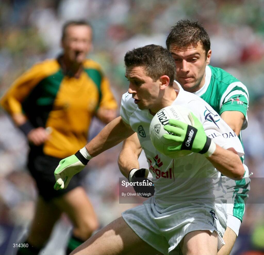 3 August 2008; Eamon Callaghan, Kildare, in action against Ryan McCluskey, Fermanagh. All-Ireland Senior Football Championship Qualifier, Round 3, Fermanagh v Kildare, Croke Park, Dublin. Picture credit: Oliver McVeigh / SPORTSFILE
