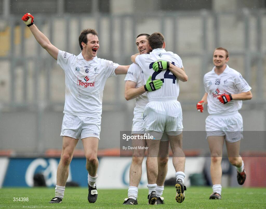 3 August 2008;  Kildare players left to right, Michael Foley, Kevin O'Neill, Anthony Rainbow and Declan Brennan celebrate at the end of the game. All-Ireland Senior Football Championship Qualifier, Round 3, Fermanagh v Kildare, Croke Park, Dublin. Picture credit: David Maher / SPORTSFILE