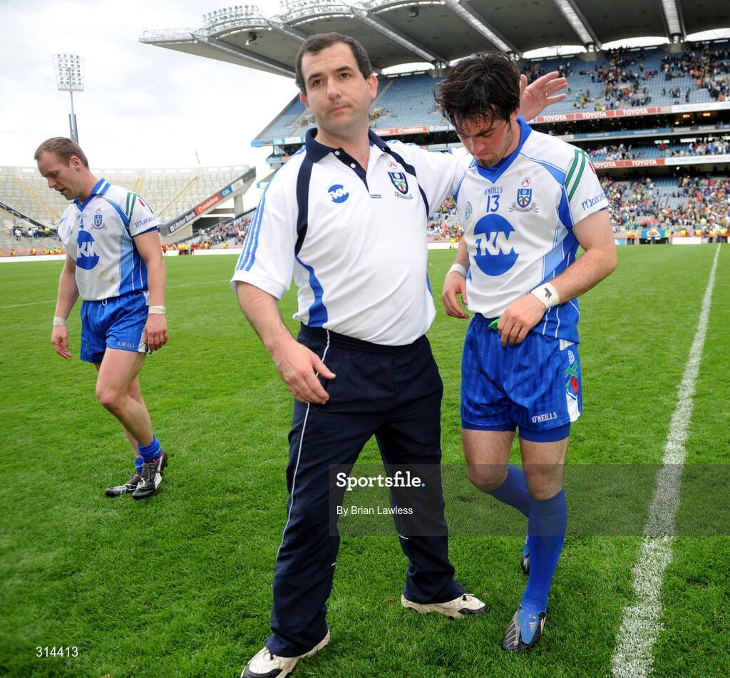 3 August 2008; Monaghan manager Seamus McEnaney consoles Ciaran Hanratty after defeat to Kerry. All-Ireland Senior Football Championship Qualifier, Round 3, Kerry v Monaghan, Croke Park, Dublin. Picture credit: Brian Lawless / SPORTSFILE