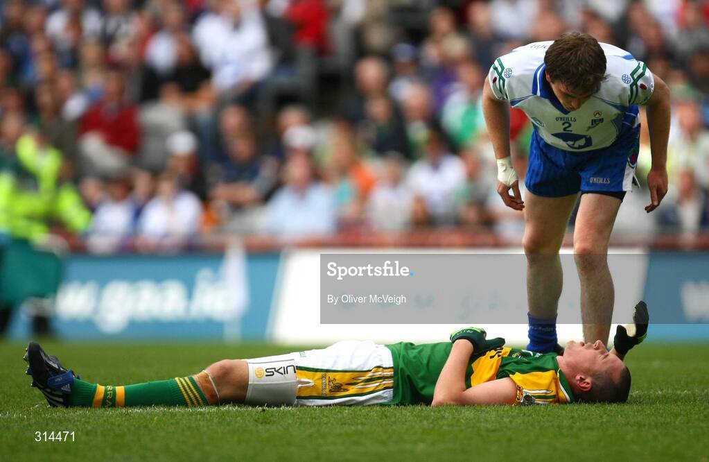 3 August 2008; Dessie Mone, Monaghan, has a word with Kieran Donaghy, Kerry. All-Ireland Senior Football Championship Qualifier, Round 3, Kerry v Monaghan, Croke Park, Dublin. Picture credit: Oliver McVeigh / SPORTSFILE