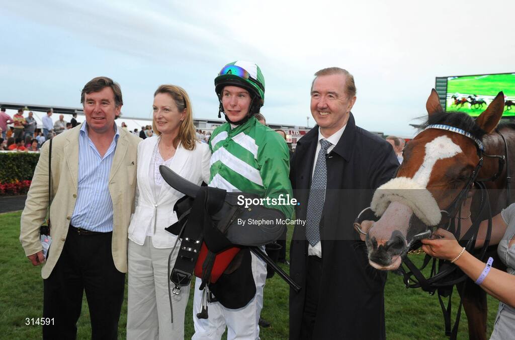 28 July 2008; Battle In Hand after he was ridden to victory in the GPT Waterford Flat Race by jockey Charles Weld, who is a son of John Weld, left, a first cousin of trainer Dermot Weld, right. Galway Racing Fesitval - Monday, Ballybrit, Galway. Picture credit: Stephen McCarthy / SPORTSFILE